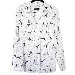 Karl Lagerfeld Top Womens M White Black Stars Eiffel Tower Star Button Up Shirt